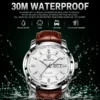 BINBOND 8879 Men’s Luxury Watch | Genuine Leather Strap, Multifunction Quartz, Waterproof Business & Casual Wristwatch SILVER