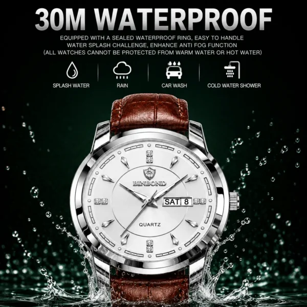 BINBOND 8879 Men’s Luxury Watch | Genuine Leather Strap, Multifunction Quartz, Waterproof Business & Casual Wristwatch SILVER
