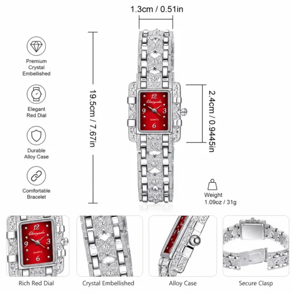 NOVORA Women's Luxury Rectangle Watch – Silver  Stainless Steel Crystal Quartz Fashion Wristwatch for Ladies RED