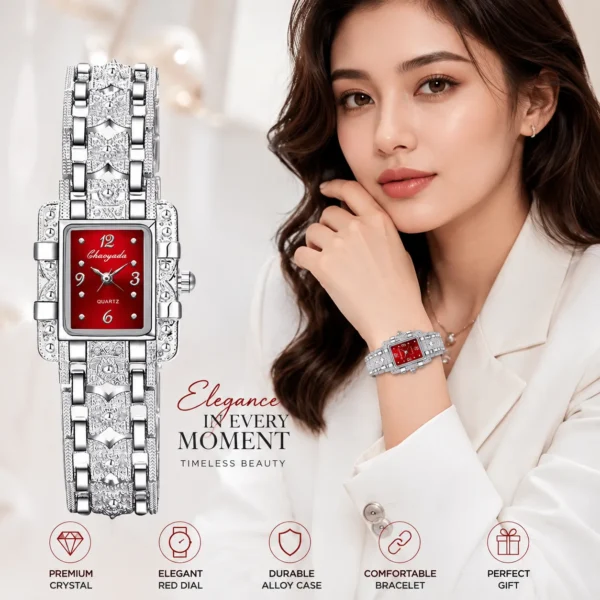 NOVORA Women's Luxury Rectangle Watch – Silver  Stainless Steel Crystal Quartz Fashion Wristwatch for Ladies RED