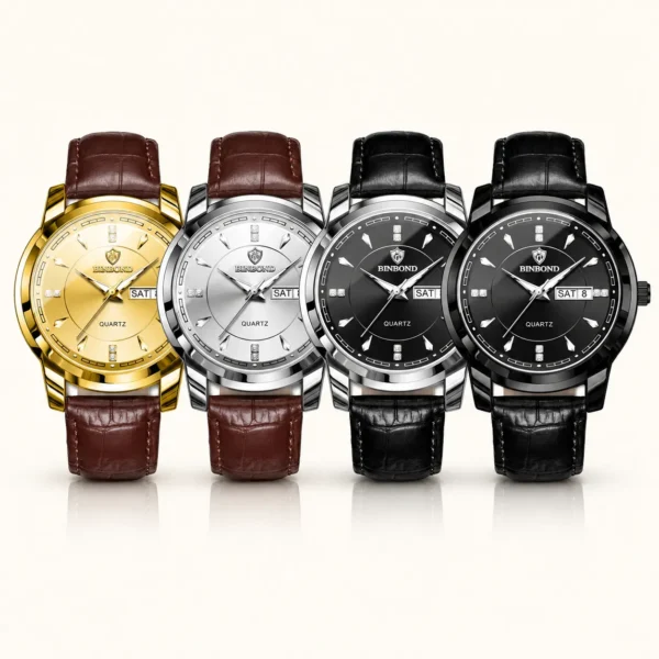 BINBOND 8879 Men’s Luxury Watch | Genuine Leather Strap, Multifunction Quartz, Waterproof Business & Casual Wristwatch GREEN
