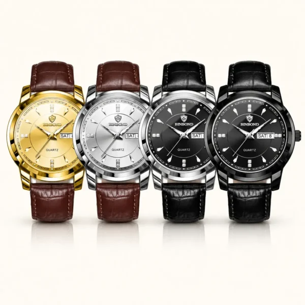 BINBOND 8879 Men’s Luxury Watch | Genuine Leather Strap, Multifunction Quartz, Waterproof Business & Casual Wristwatch SILVER