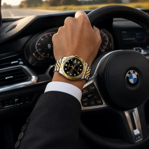 NOVORA Luxury Gold Stainless Steel Men’s Watch – Quartz Analog Watch with Auto Date .  SILVER, BLACK,GOLDEN