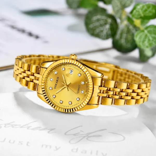 NOVORA Luxury Gold Stainless Steel Men’s Watch – Quartz Analog Watch with Auto Date . GOLDEN