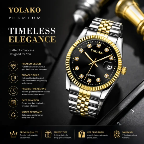 NOVORA Luxury Gold Stainless Steel Men’s Watch – Quartz Analog Watch with Auto Date .  SILVER, BLACK,GOLDEN