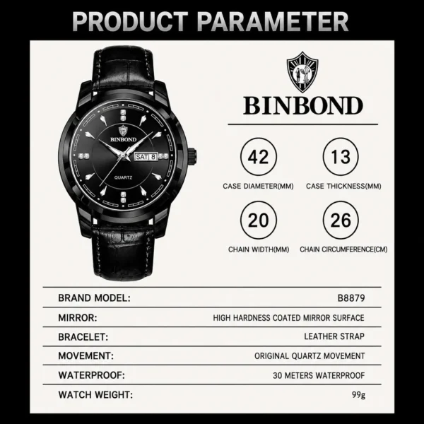 BINBOND 8879 Men’s Luxury Watch | Genuine Leather Strap, Multifunction Quartz, Waterproof Business & Casual Wristwatch BLACK