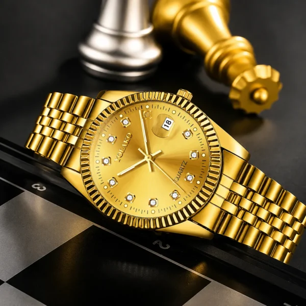 NOVORA Luxury Gold Stainless Steel Men’s Watch – Quartz Analog Watch with Auto Date . GOLDEN