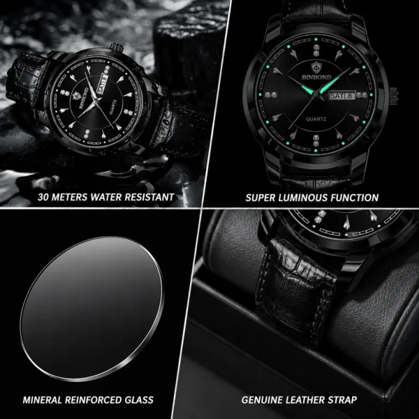 BINBOND 8879 Men’s Luxury Watch | Genuine Leather Strap, Multifunction Quartz, Waterproof Business & Casual Wristwatch BLACK