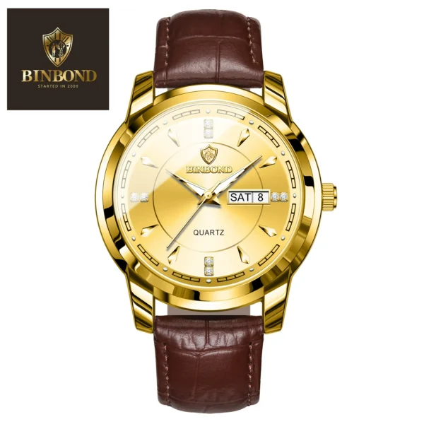 BINBOND 8879 Men’s Luxury Watch | Genuine Leather Strap, Multifunction Quartz, Waterproof Business & Casual Wristwatch GOLDEN