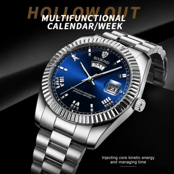 BINBOND B0733 Men’s Luxury Watch | Roman Dial, Quartz Movement, Stainless Steel Case, Date Display & Luminous Design BLUE