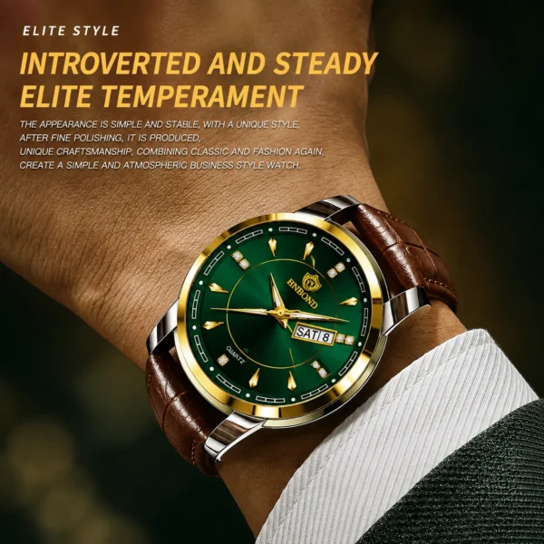 BINBOND 8879 Men’s Luxury Watch | Genuine Leather Strap, Multifunction Quartz, Waterproof Business & Casual Wristwatch GREEN