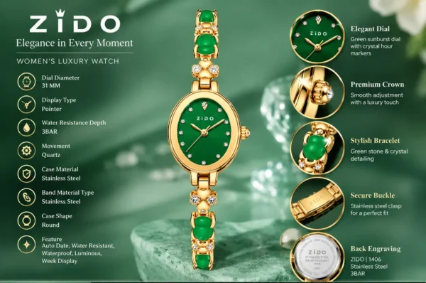 ZIDO 1406 Luxury Women's Rhinestone Flower Stainless Steel Quartz Watch – 31mm