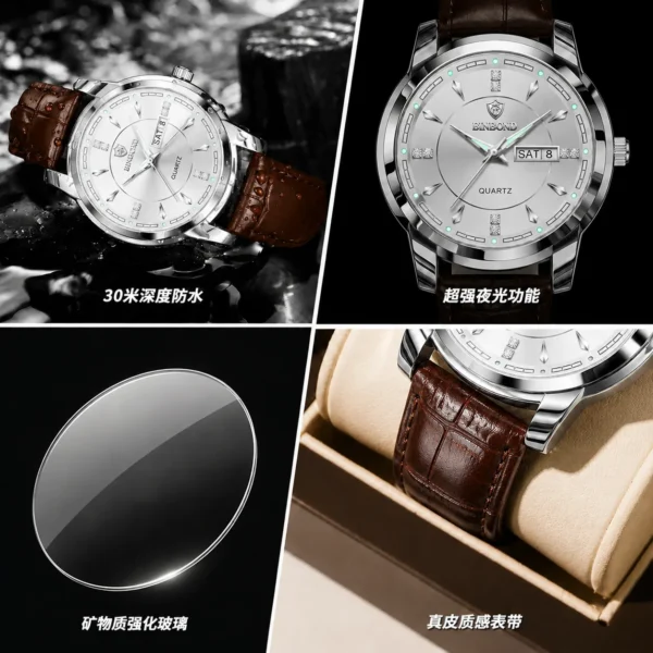 BINBOND 8879 Men’s Luxury Watch | Genuine Leather Strap, Multifunction Quartz, Waterproof Business & Casual Wristwatch SILVER