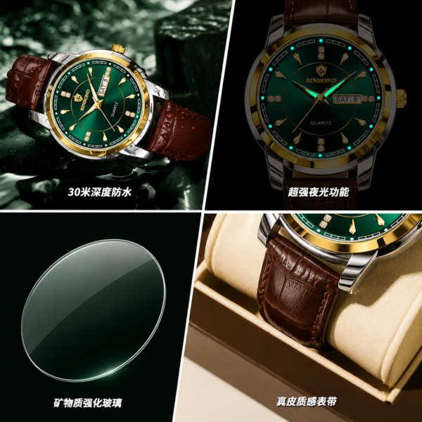 BINBOND 8879 Men’s Luxury Watch | Genuine Leather Strap, Multifunction Quartz, Waterproof Business & Casual Wristwatch GREEN