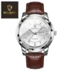 BINBOND 8879 Men’s Luxury Watch | Genuine Leather Strap, Multifunction Quartz, Waterproof Business & Casual Wristwatch SILVER