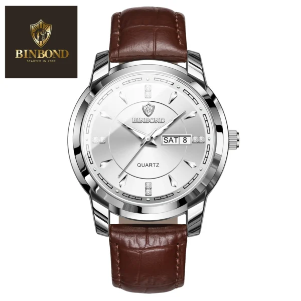 BINBOND 8879 Men’s Luxury Watch | Genuine Leather Strap, Multifunction Quartz, Waterproof Business & Casual Wristwatch SILVER