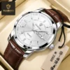 BINBOND 8879 Men’s Luxury Watch | Genuine Leather Strap, Multifunction Quartz, Waterproof Business & Casual Wristwatch SILVER