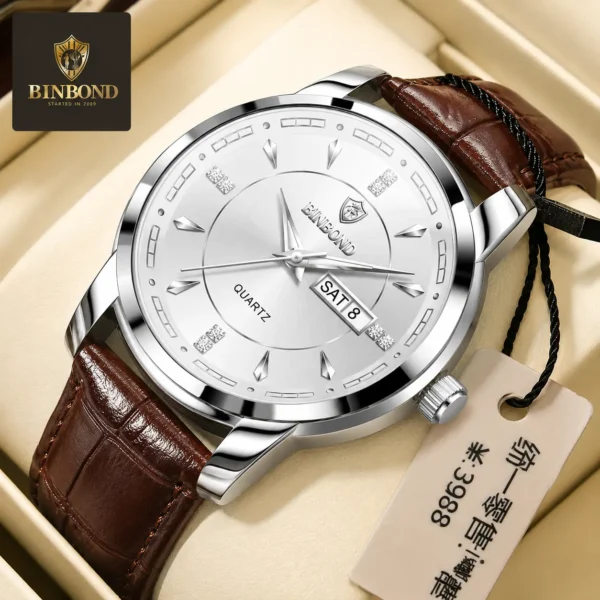 BINBOND 8879 Men’s Luxury Watch | Genuine Leather Strap, Multifunction Quartz, Waterproof Business & Casual Wristwatch SILVER