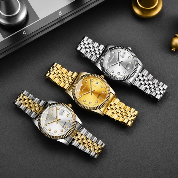 NOVORA Luxury Gold Stainless Steel Men’s Watch – Quartz Analog Watch with Auto Date . GOLDEN