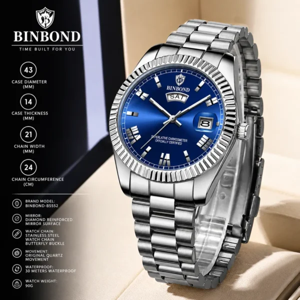 BINBOND B0733 Men’s Luxury Watch | Roman Dial, Quartz Movement, Stainless Steel Case, Date Display & Luminous Design BLUE