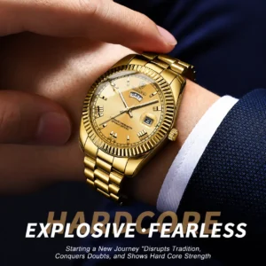 BINBOND B0733 Men’s Luxury Watch | Roman Dial, Quartz Movement, Stainless Steel Case, Date Display & Luminous Design GOLDEN