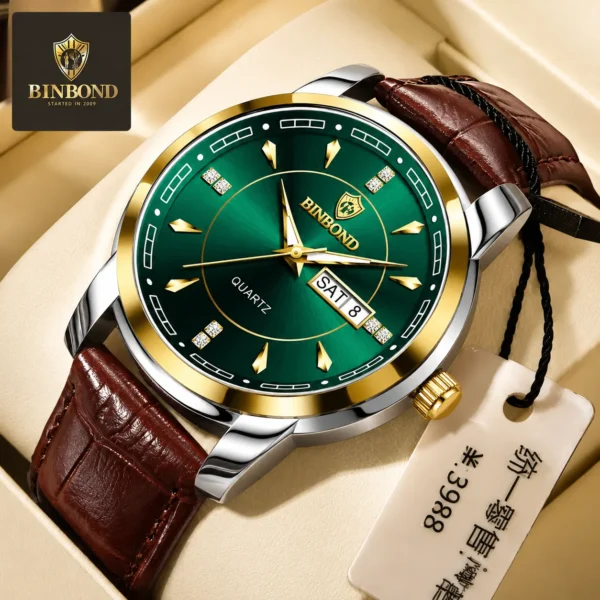 BINBOND 8879 Men’s Luxury Watch | Genuine Leather Strap, Multifunction Quartz, Waterproof Business & Casual Wristwatch GREEN