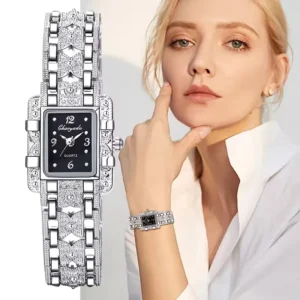 NOVORA Women's Luxury Rectangle Watch – Silver Stainless Steel Crystal Quartz Fashion Wristwatch for Ladies
