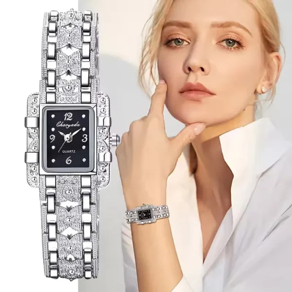 NOVORA Women's Luxury Rectangle Watch – Silver Stainless Steel Crystal Quartz Fashion Wristwatch for Ladies
