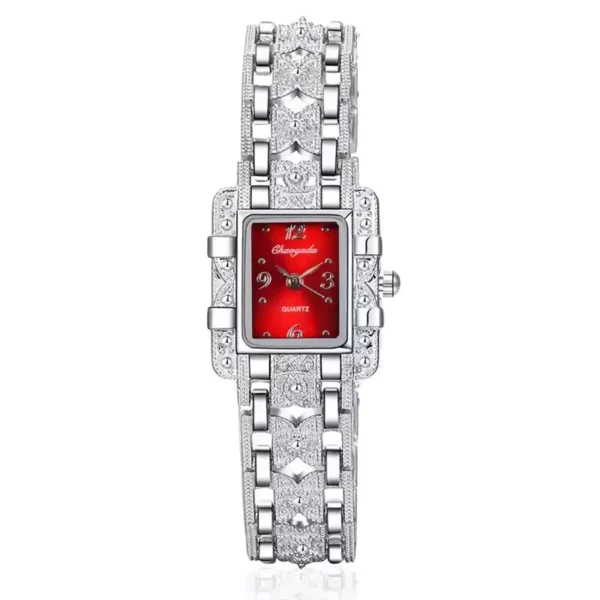 NOVORA Women's Luxury Rectangle Watch – Silver  Stainless Steel Crystal Quartz Fashion Wristwatch for Ladies RED
