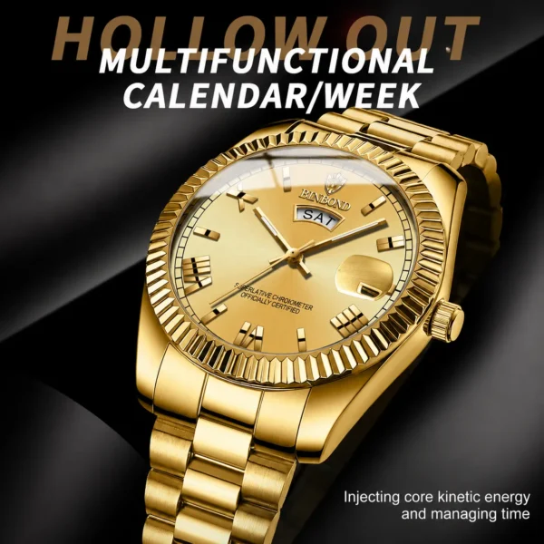 BINBOND B0733 Men’s Luxury Watch | Roman Dial, Quartz Movement, Stainless Steel Case, Date Display & Luminous Design GOLDEN
