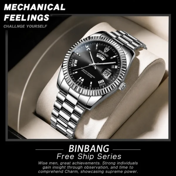 BINBOND B0733 Men’s Luxury Watch | Roman Dial, Quartz Movement, Stainless Steel Case, Date Display & Luminous Design SILVER