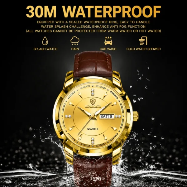 BINBOND 8879 Men’s Luxury Watch | Genuine Leather Strap, Multifunction Quartz, Waterproof Business & Casual Wristwatch GOLDEN