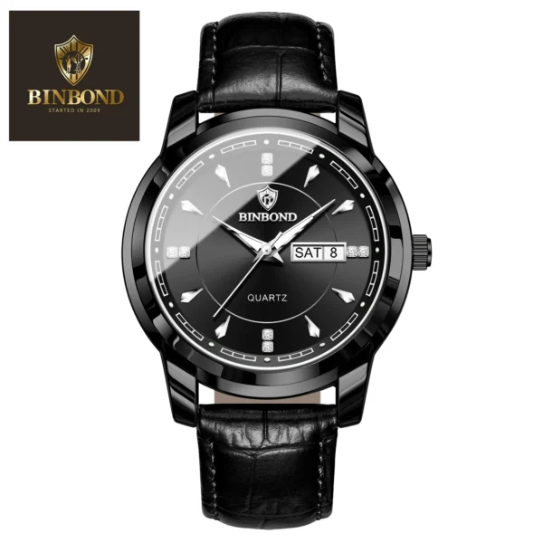 BINBOND 8879 Men’s Luxury Watch | Genuine Leather Strap, Multifunction Quartz, Waterproof Business & Casual Wristwatch BLACK