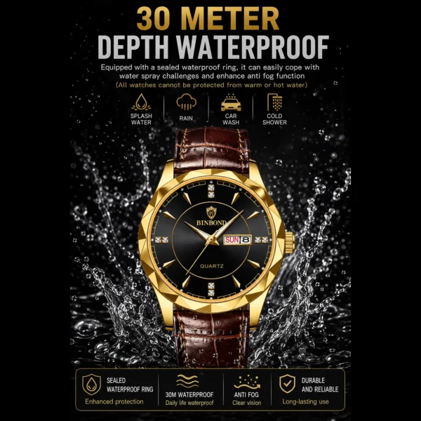 BINBOND B5552 Men’s Luxury Watch | Silver Stainless Steel Quartz, Date Display & Water Resistant Design BLACK