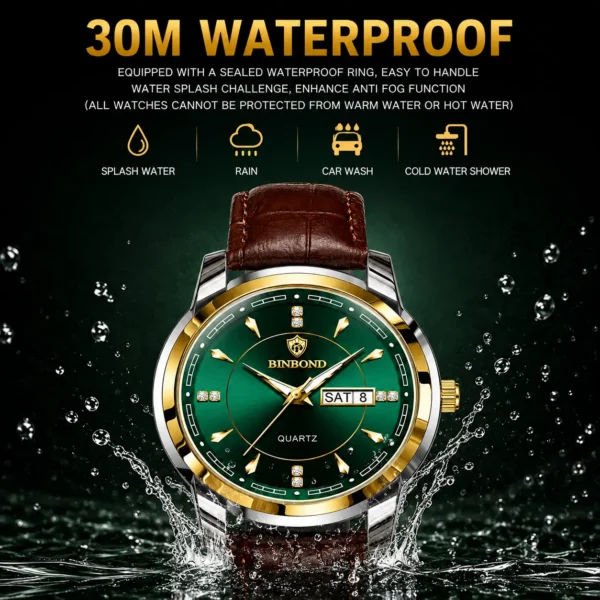 BINBOND 8879 Men’s Luxury Watch | Genuine Leather Strap, Multifunction Quartz, Waterproof Business & Casual Wristwatch GREEN