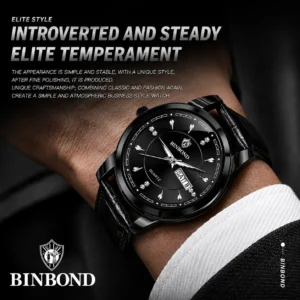 BINBOND 8879 Men’s Luxury Watch | Genuine Leather Strap, Multifunction Quartz, Waterproof Business & Casual Wristwatch BLACK