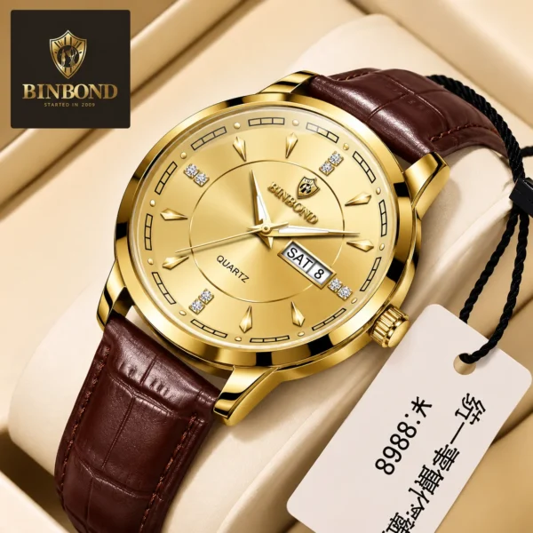 BINBOND 8879 Men’s Luxury Watch | Genuine Leather Strap, Multifunction Quartz, Waterproof Business & Casual Wristwatch GOLDEN