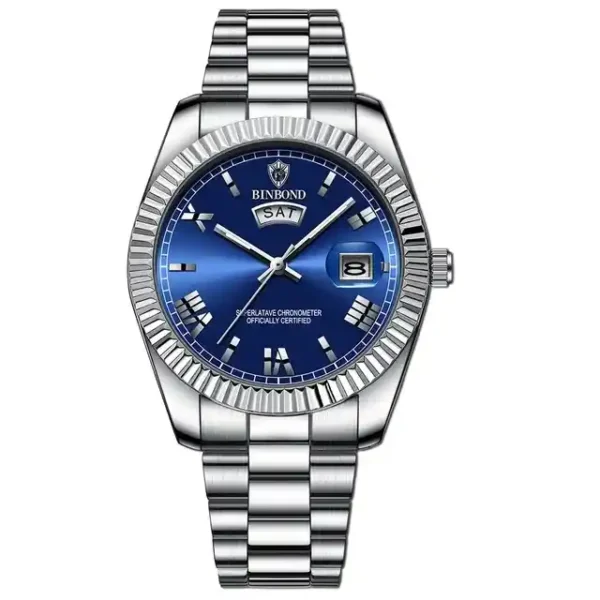 BINBOND B0733 Men’s Luxury Watch | Roman Dial, Quartz Movement, Stainless Steel Case, Date Display & Luminous Design BLUE