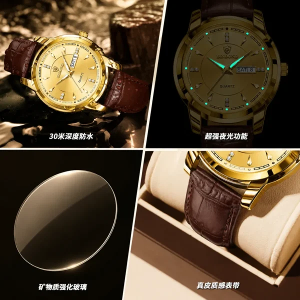 BINBOND 8879 Men’s Luxury Watch | Genuine Leather Strap, Multifunction Quartz, Waterproof Business & Casual Wristwatch GOLDEN