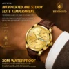 BINBOND 8879 Men’s Luxury Watch | Genuine Leather Strap, Multifunction Quartz, Waterproof Business & Casual Wristwatch GOLDEN