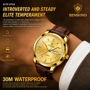 BINBOND 8879 Men’s Luxury Watch | Genuine Leather Strap, Multifunction Quartz, Waterproof Business & Casual Wristwatch GOLDEN