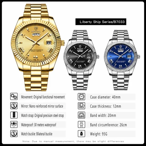 BINBOND B0733 Men’s Luxury Watch | Roman Dial, Quartz Movement, Stainless Steel Case, Date Display & Luminous Design GOLDEN