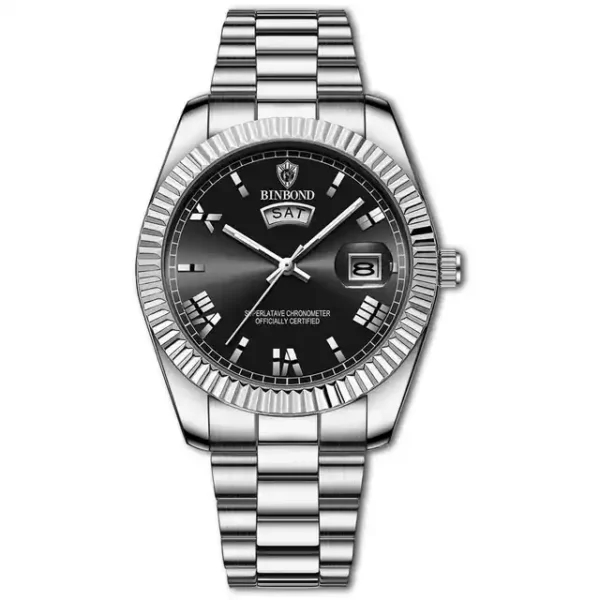 BINBOND B0733 Men’s Luxury Watch | Roman Dial, Quartz Movement, Stainless Steel Case, Date Display & Luminous Design SILVER