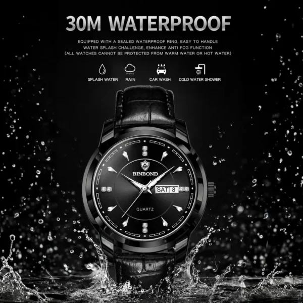 BINBOND 8879 Men’s Luxury Watch | Genuine Leather Strap, Multifunction Quartz, Waterproof Business & Casual Wristwatch BLACK
