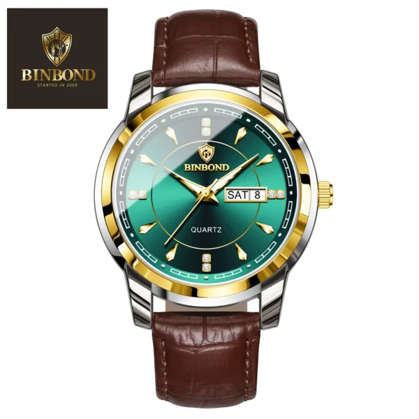 BINBOND 8879 Men’s Luxury Watch | Genuine Leather Strap, Multifunction Quartz, Waterproof Business & Casual Wristwatch GREEN