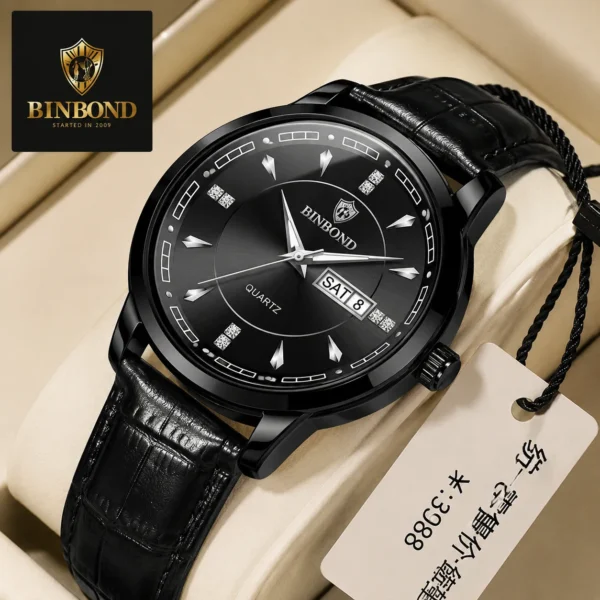 BINBOND 8879 Men’s Luxury Watch | Genuine Leather Strap, Multifunction Quartz, Waterproof Business & Casual Wristwatch BLACK