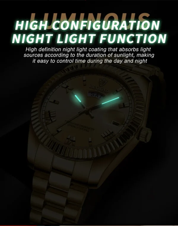 BINBOND B0733 Men’s Luxury Watch | Roman Dial, Quartz Movement, Stainless Steel Case, Date Display & Luminous Design GOLDEN
