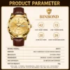 BINBOND 8879 Men’s Luxury Watch | Genuine Leather Strap, Multifunction Quartz, Waterproof Business & Casual Wristwatch GOLDEN