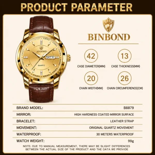 BINBOND 8879 Men’s Luxury Watch | Genuine Leather Strap, Multifunction Quartz, Waterproof Business & Casual Wristwatch GOLDEN