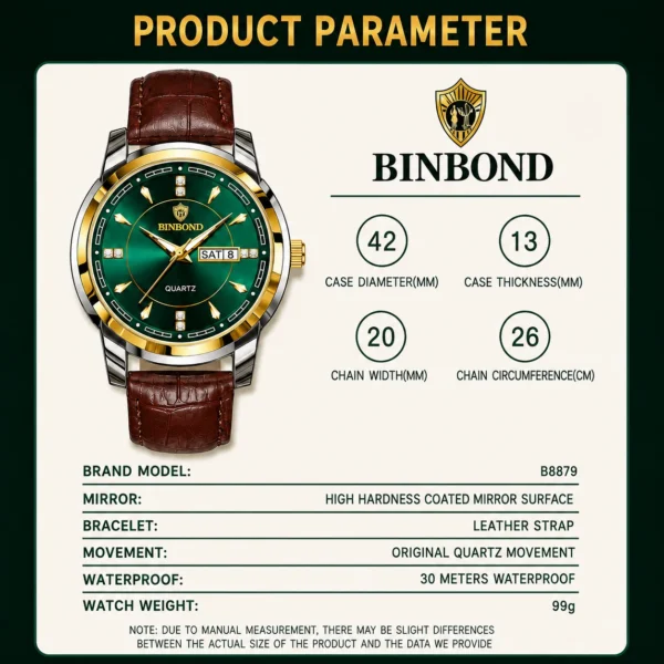 BINBOND 8879 Men’s Luxury Watch | Genuine Leather Strap, Multifunction Quartz, Waterproof Business & Casual Wristwatch GREEN